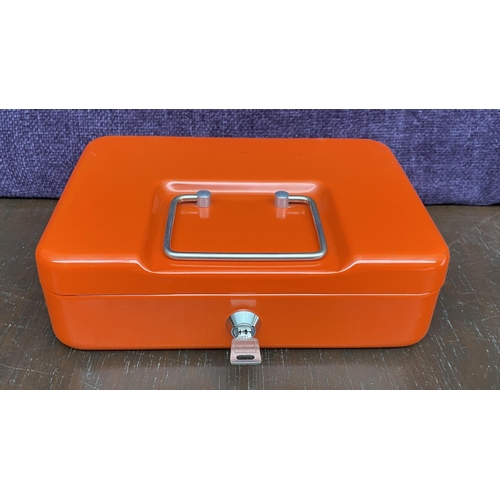 313 - Vintage Orange Metal Cash Box with Money Tray and Key Lock (25 x 18cm)