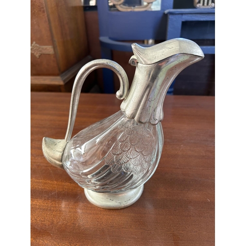 480 - Vintage Silver Plated Glass Duck Pitcher/Decanter and a Whale Shaped Peanut Dispenser