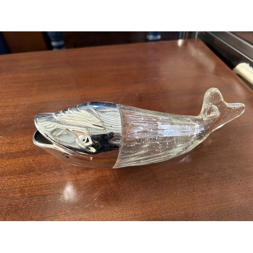 480 - Vintage Silver Plated Glass Duck Pitcher/Decanter and a Whale Shaped Peanut Dispenser