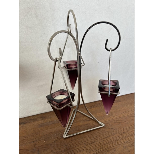 434 - Vintage Cranberry and Clear Glass Tall Muffin/ Cheese Stand with Lid Together with a Glass and Steel... 