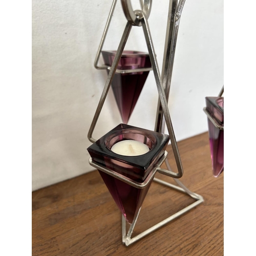 434 - Vintage Cranberry and Clear Glass Tall Muffin/ Cheese Stand with Lid Together with a Glass and Steel... 