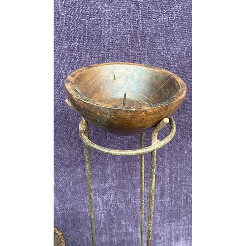 542 - x2 Tall Metal and Wood Candle Holders (61cm H.) and Another on Copper Base (35cm H.)