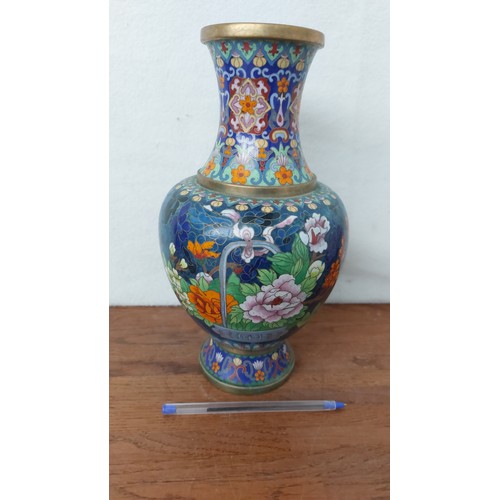 50 - Mid 20th Century Blue Flower Bouquet Motif Cloisonne Vase