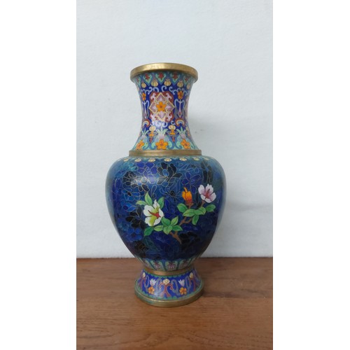 50 - Mid 20th Century Blue Flower Bouquet Motif Cloisonne Vase