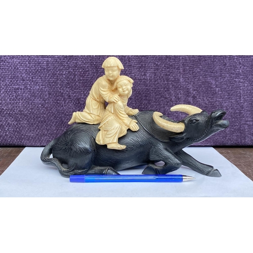 59 - Vintage Oriental Asians Resin Buffalo with 2 Children Riders Figurine