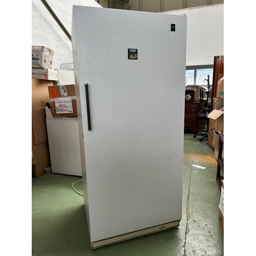 34 - Large General Electric Model FP21DSDRWH Upright Freezer (Needs Cleaning) - Code AM7133Y)