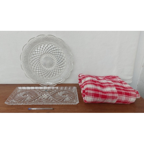 502 - Rectangular Crystal and Round Glass Serving Dishes Together with Red Check Fabric to Make Table Clot... 