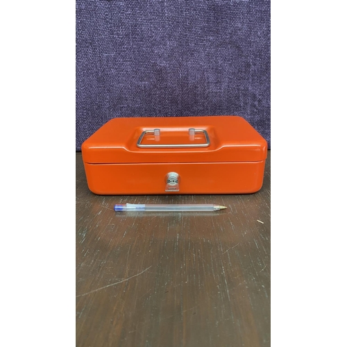 504 - Vintage Orange Metal Cash Box with Money Tray and Key Lock (25 x 18cm)