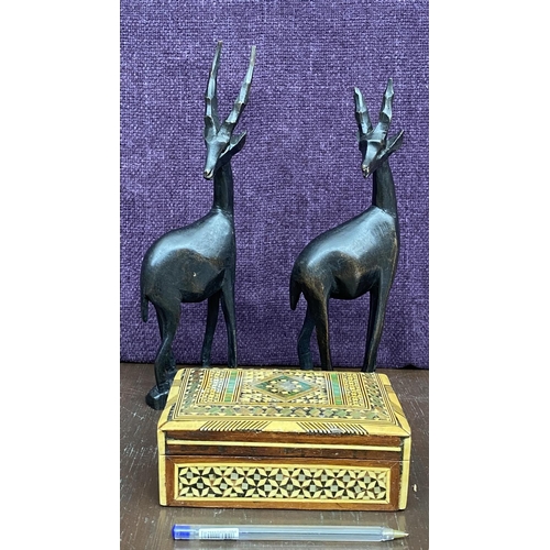 507 - Set of 2 Vintage Antelope Hand Carved Wooden African Figurine Statues (30cm Highest) and Mother of P... 