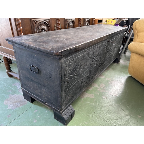 22 - Large Antique Solid Carved Wood Chest From Lapithos (190 W. x 55 D. x 65cm H.)