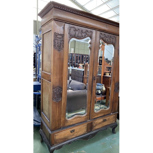 23 - Large Antique Carved Walnut Outside and Pine Wood Inside Wardrobe with 2 Mirrored Doors Modified to ... 