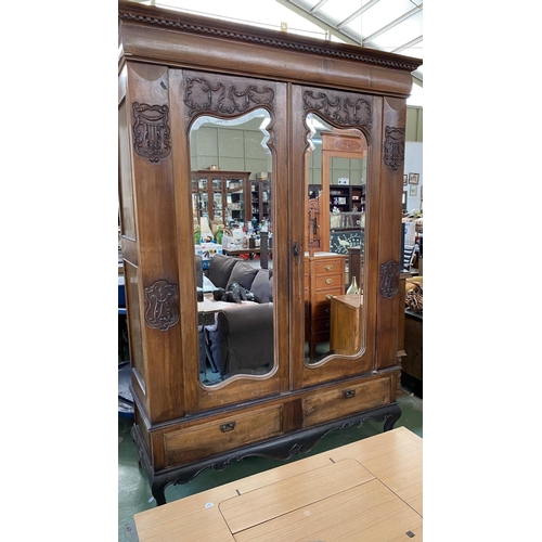 23 - Large Antique Carved Walnut Outside and Pine Wood Inside Wardrobe with 2 Mirrored Doors Modified to ... 