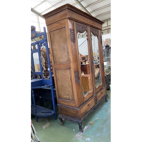 23 - Large Antique Carved Walnut Outside and Pine Wood Inside Wardrobe with 2 Mirrored Doors Modified to ... 