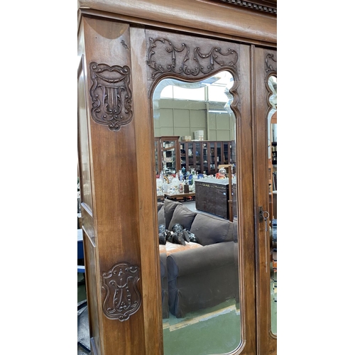 23 - Large Antique Carved Walnut Outside and Pine Wood Inside Wardrobe with 2 Mirrored Doors Modified to ... 