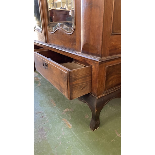 23 - Large Antique Carved Walnut Outside and Pine Wood Inside Wardrobe with 2 Mirrored Doors Modified to ... 