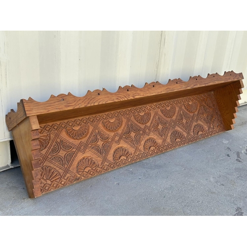 126 - Wooden Hand Carved Geometric Floral Pattern Wall Mounted Shelf (123cm W.)