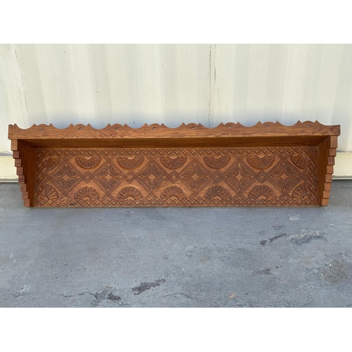 126 - Wooden Hand Carved Geometric Floral Pattern Wall Mounted Shelf (123cm W.)