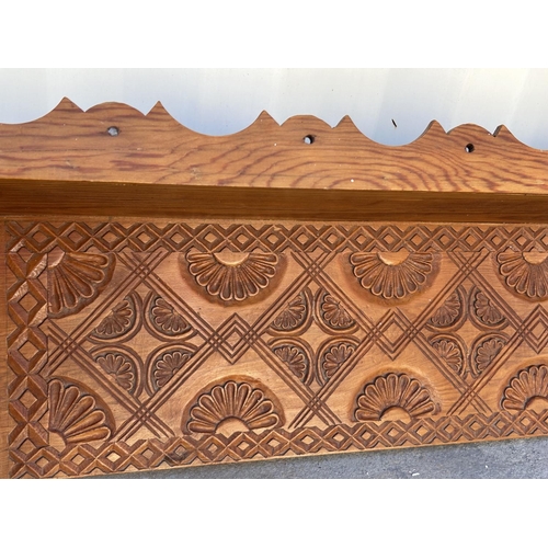 126 - Wooden Hand Carved Geometric Floral Pattern Wall Mounted Shelf (123cm W.)