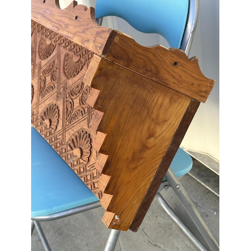 126 - Wooden Hand Carved Geometric Floral Pattern Wall Mounted Shelf (123cm W.)