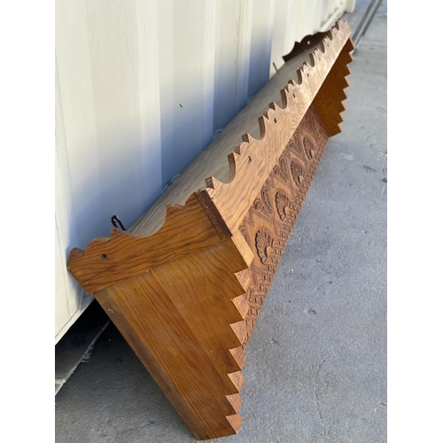 126 - Wooden Hand Carved Geometric Floral Pattern Wall Mounted Shelf (123cm W.)
