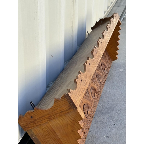 126 - Wooden Hand Carved Geometric Floral Pattern Wall Mounted Shelf (123cm W.)