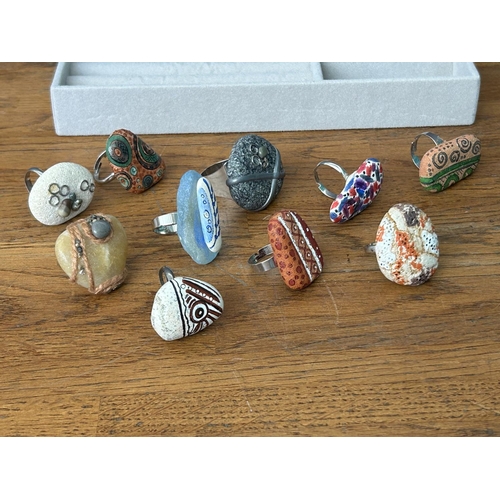 361 - Collection of Handmade Painted Stone Rings
