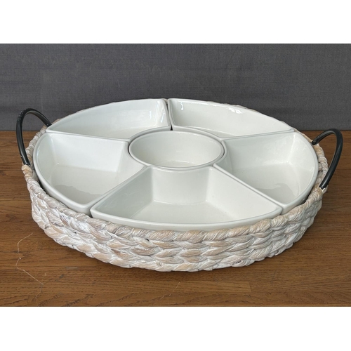 210 - Randerfurn Ceramic Serving Platters with 6 Removable Dishes, a Round Central Bowl in Woven Tray with... 