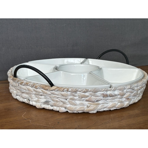 210 - Randerfurn Ceramic Serving Platters with 6 Removable Dishes, a Round Central Bowl in Woven Tray with... 