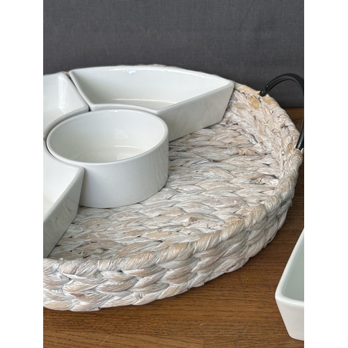 210 - Randerfurn Ceramic Serving Platters with 6 Removable Dishes, a Round Central Bowl in Woven Tray with... 