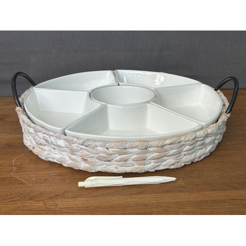 210 - Randerfurn Ceramic Serving Platters with 6 Removable Dishes, a Round Central Bowl in Woven Tray with... 