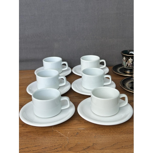 211 - x2 Coffee Sets To Include x5 24ct Gold Etched Greek Demitasse Cups & Saucers and x6 Thick White Cera... 