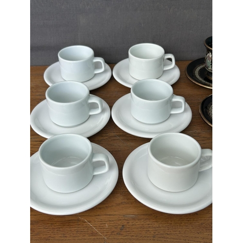 211 - x2 Coffee Sets To Include x5 24ct Gold Etched Greek Demitasse Cups & Saucers and x6 Thick White Cera... 