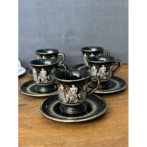 211 - x2 Coffee Sets To Include x5 24ct Gold Etched Greek Demitasse Cups & Saucers and x6 Thick White Cera... 