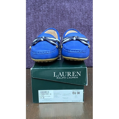 128 - Pair of Ralph Lauren Becka Royal Blue Leather Loafers with Striped Bow, Size UK 5/Euro 38 (Unused)