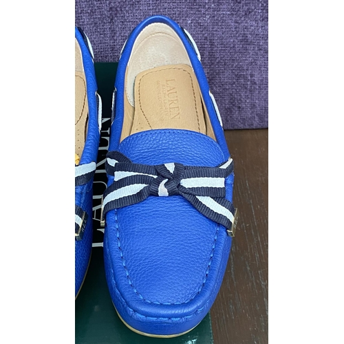128 - Pair of Ralph Lauren Becka Royal Blue Leather Loafers with Striped Bow, Size UK 5/Euro 38 (Unused)