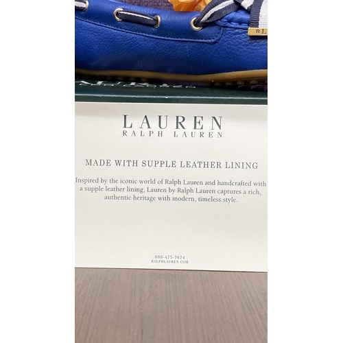 128 - Pair of Ralph Lauren Becka Royal Blue Leather Loafers with Striped Bow, Size UK 5/Euro 38 (Unused)