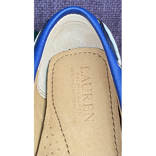 128 - Pair of Ralph Lauren Becka Royal Blue Leather Loafers with Striped Bow, Size UK 5/Euro 38 (Unused)