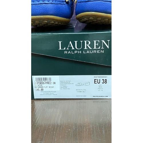 128 - Pair of Ralph Lauren Becka Royal Blue Leather Loafers with Striped Bow, Size UK 5/Euro 38 (Unused)
