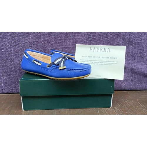 128 - Pair of Ralph Lauren Becka Royal Blue Leather Loafers with Striped Bow, Size UK 5/Euro 38 (Unused)