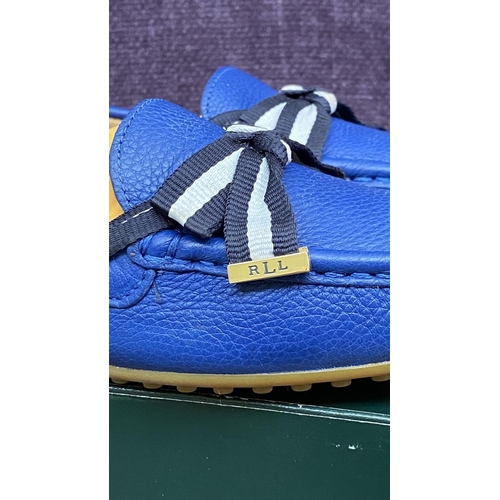 128 - Pair of Ralph Lauren Becka Royal Blue Leather Loafers with Striped Bow, Size UK 5/Euro 38 (Unused)