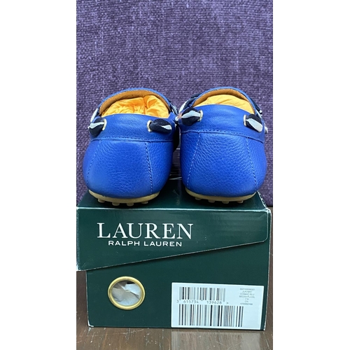 128 - Pair of Ralph Lauren Becka Royal Blue Leather Loafers with Striped Bow, Size UK 5/Euro 38 (Unused)