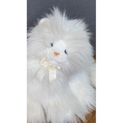 206 - Collectible Persian Cat Plush Toy with White Color Soft Fluffy Fur, Pink Nose and White Bow Around T... 