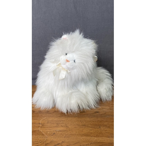 206 - Collectible Persian Cat Plush Toy with White Color Soft Fluffy Fur, Pink Nose and White Bow Around T... 