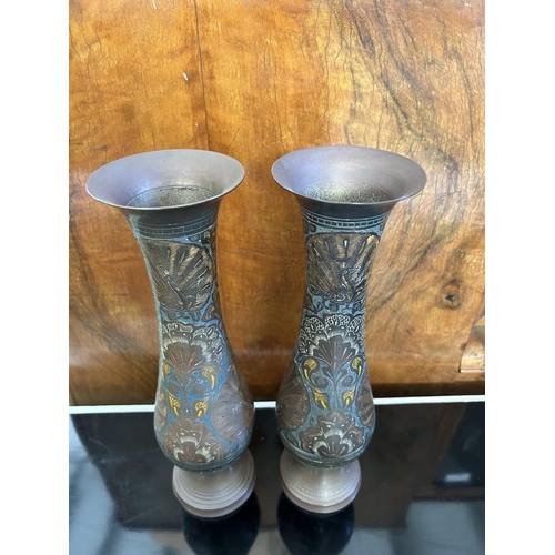 195 - x2 Indian Style Etched and Enameled Hand Crafted Brass Vases Featuring Intricate Floral, Peacock and... 