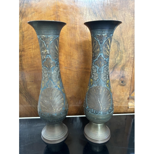 195 - x2 Indian Style Etched and Enameled Hand Crafted Brass Vases Featuring Intricate Floral, Peacock and... 