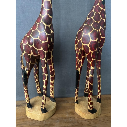 217 - x2 Carved Wood Tall Giraffe Sculptures (63xm H./each)
