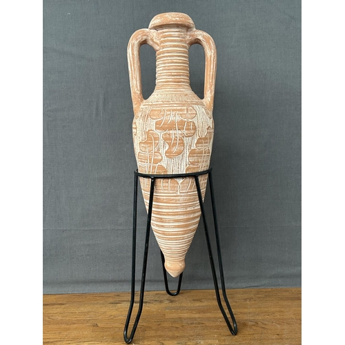 125 - Large Terracotta Twin Handles Urn Amphora on Wrought Metal Stand (75cm H. Incl. Stand)