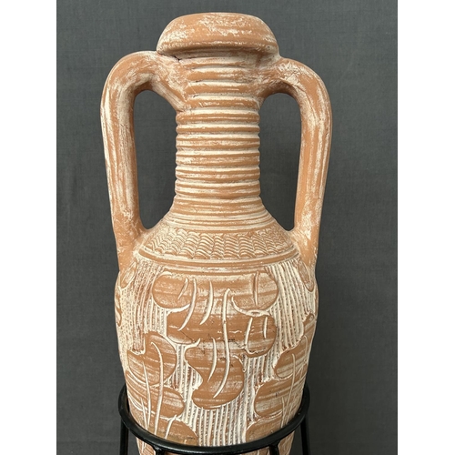 125 - Large Terracotta Twin Handles Urn Amphora on Wrought Metal Stand (75cm H. Incl. Stand)