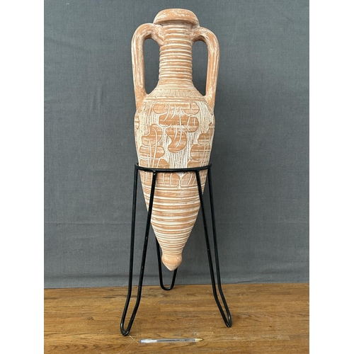 125 - Large Terracotta Twin Handles Urn Amphora on Wrought Metal Stand (75cm H. Incl. Stand)