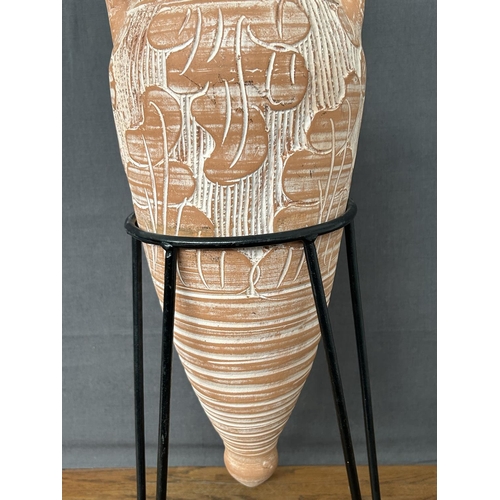 125 - Large Terracotta Twin Handles Urn Amphora on Wrought Metal Stand (75cm H. Incl. Stand)